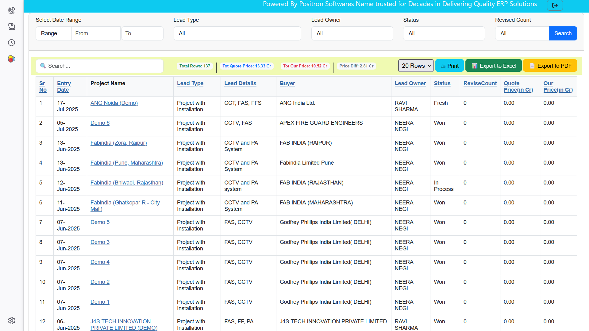 Sales CRM Leads List